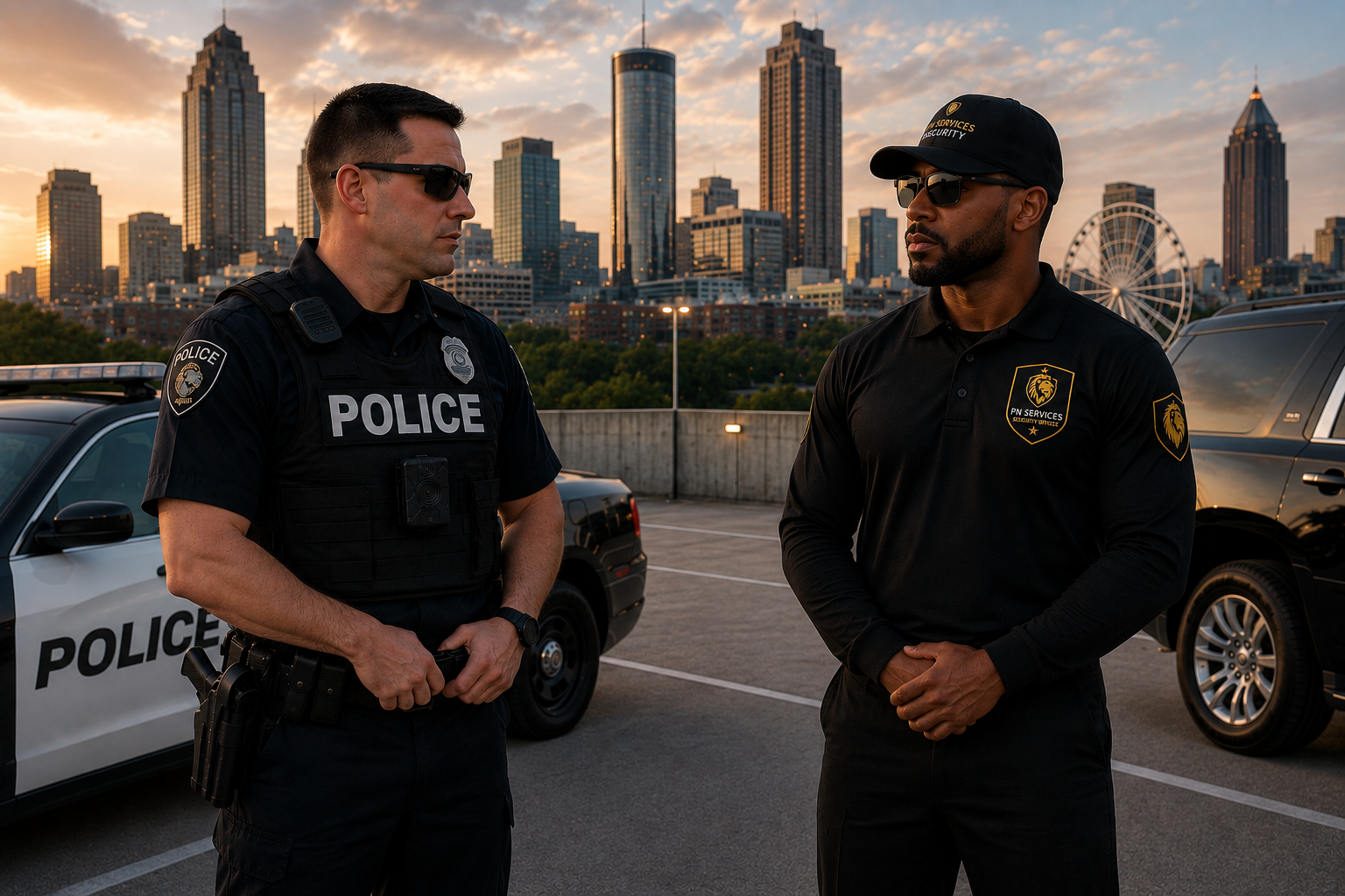 PN Services security officer coordinating with a police officer on a rooftop parking deck