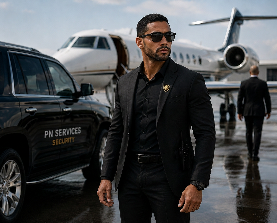 Executive protection agent beside a private jet