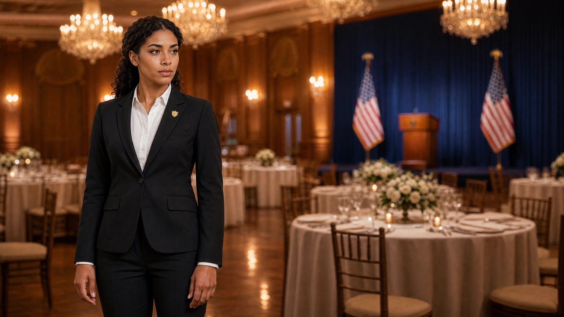 Female executive protection officer at a formal event