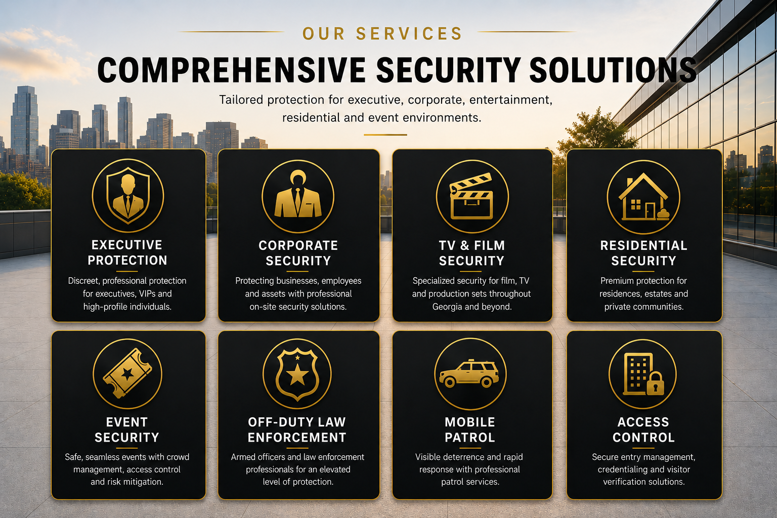 PN Services Security comprehensive security solutions — Executive Protection, Corporate Security, TV & Film Security, Residential Security, Event Security, Off-Duty Law Enforcement, Mobile Patrol, and Access Control