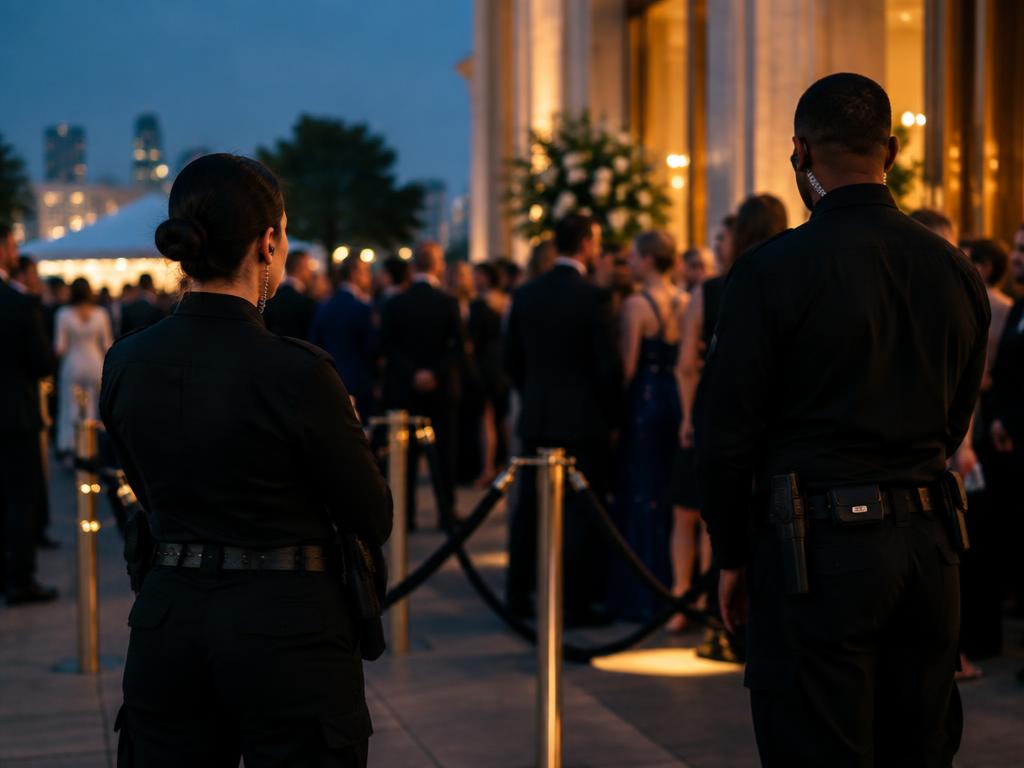 Event security officers managing a guest entrance at an evening gala