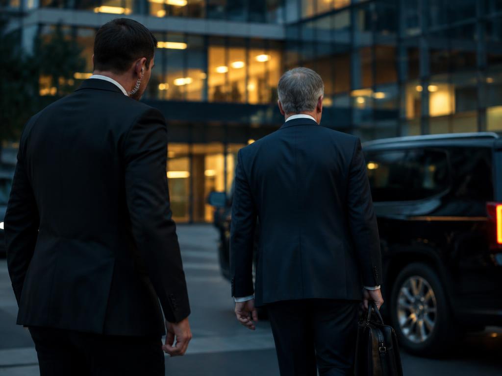 Close-protection specialist escorting a principal to a vehicle at dusk