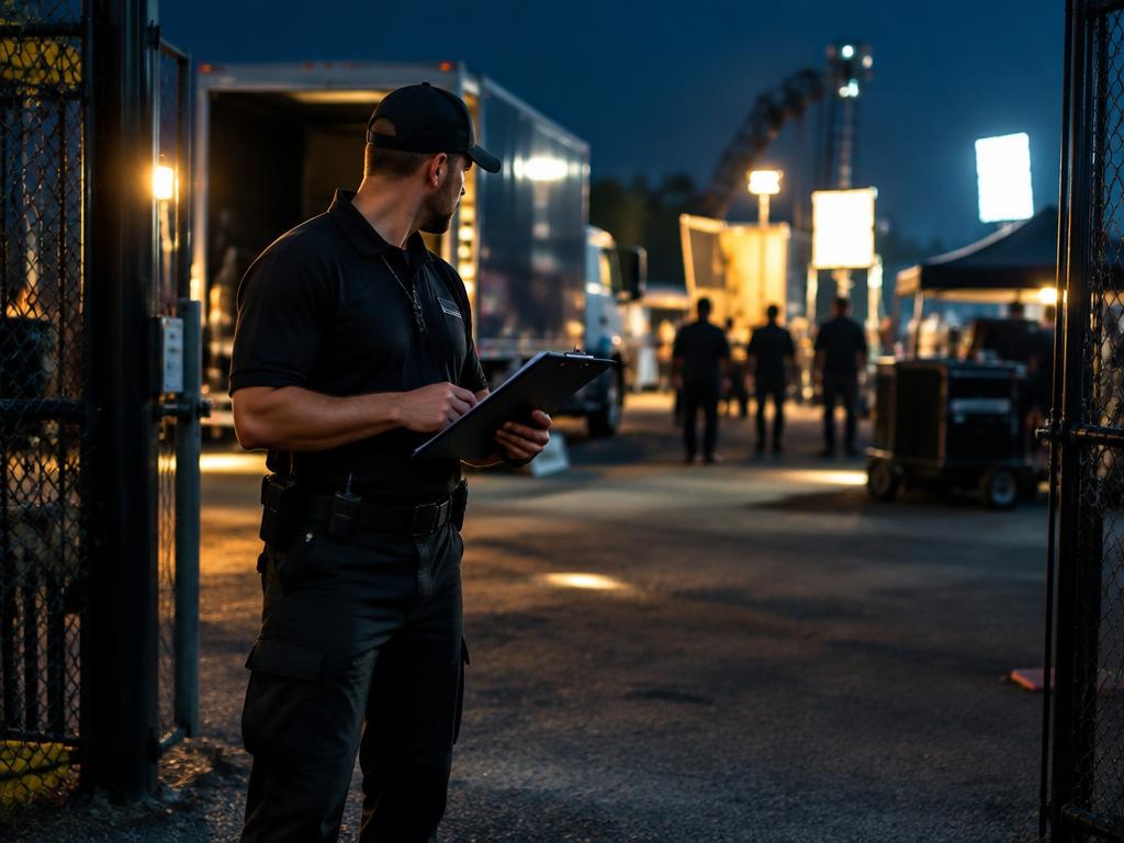Security officer checking credentials at a film production base camp at night